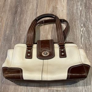 Two Toned Coach Bag in White & Brown Leather